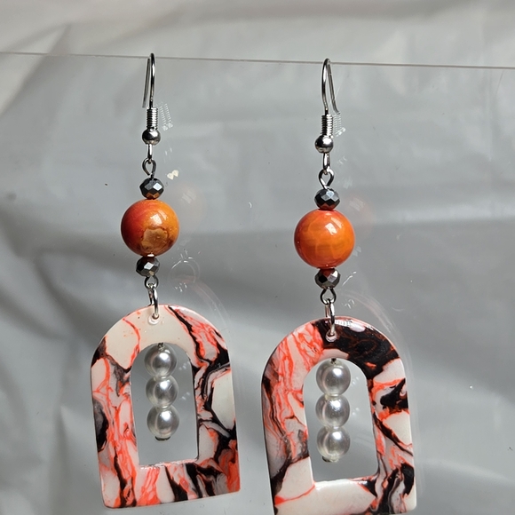 Erins Lovely Creations Jewelry - #B163- Handmade Marble Arch Earrings with Pearl Accents And Fire Agate Beads